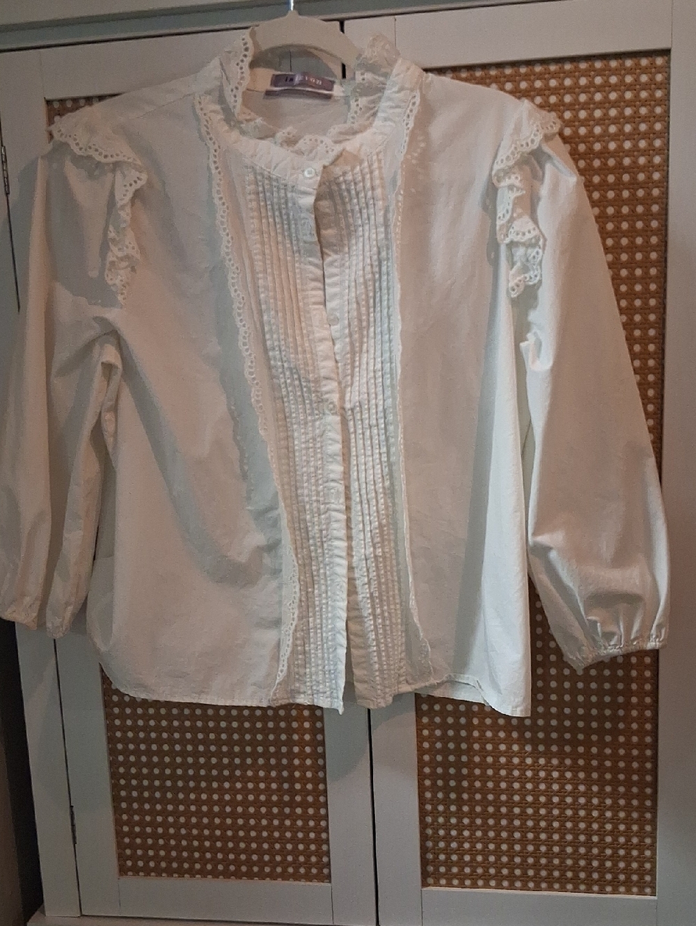 LG Purple Satin Brand Labels on Cream Lace Fabric